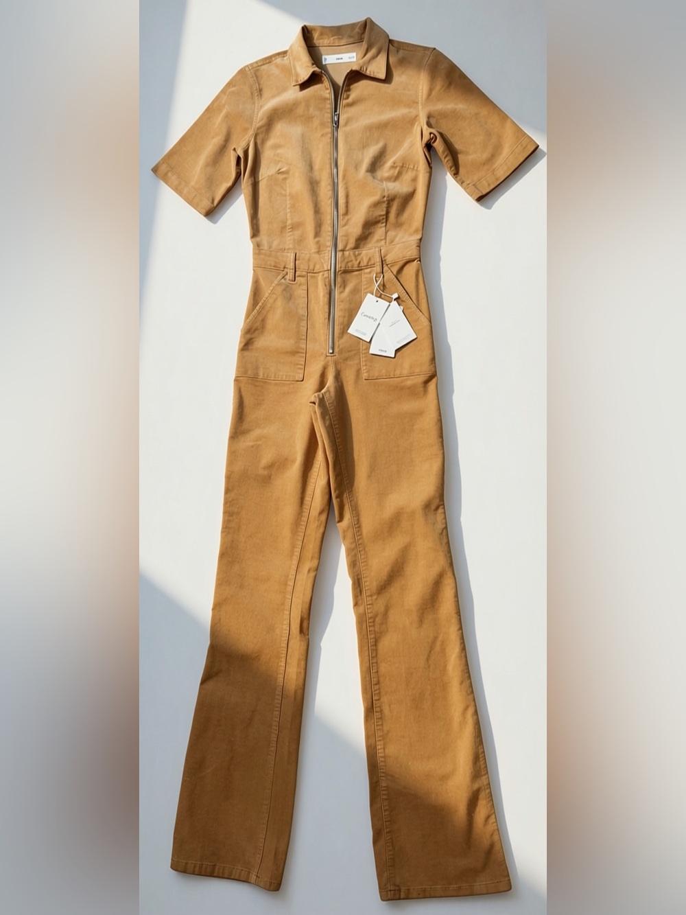 Mango NWT Camel Corduroy Utility Jumpsuit Zip Front Boho Coastal Indie Chic - Picture 3 of 5